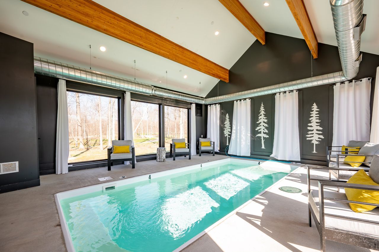 Indoor pool under timber trusses